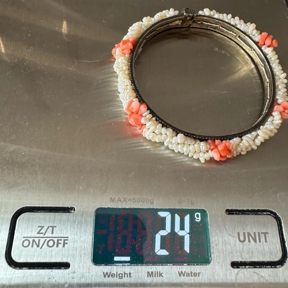 Antique Angel Skin Coral Freshwater Pearl Signed Estate Bracelet
